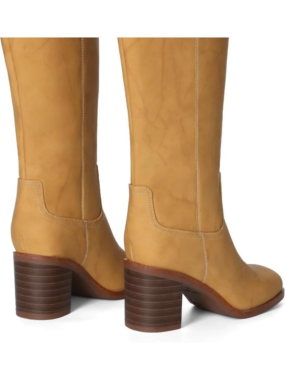 Women's Yellow Chunky Block Heel Square Toe Faux Leather Long Knee High Boots